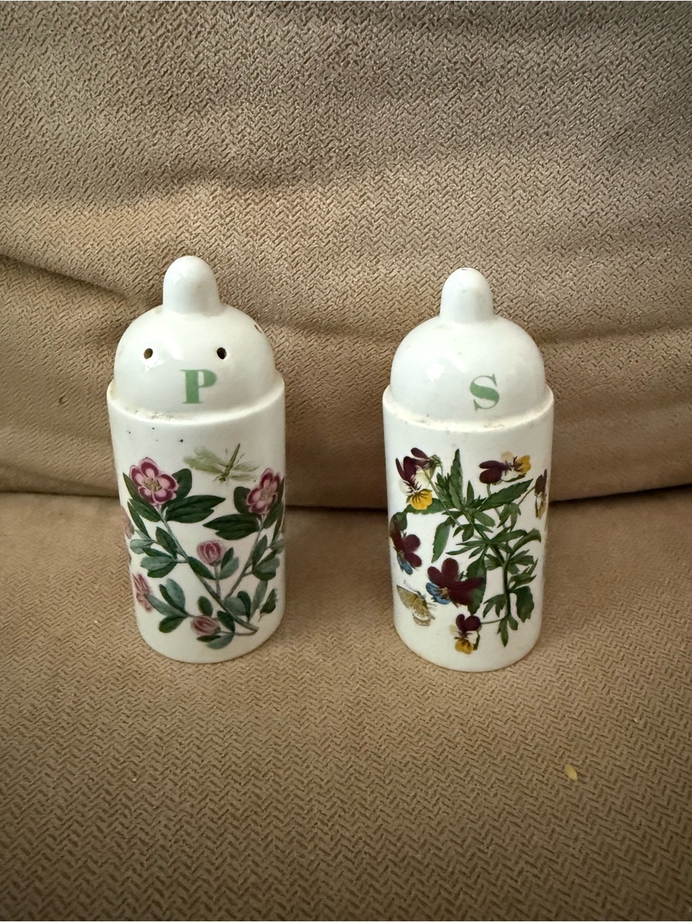 Portmeirion Floral Porcelain Salt & Pepper Shakers in White with Green Accents